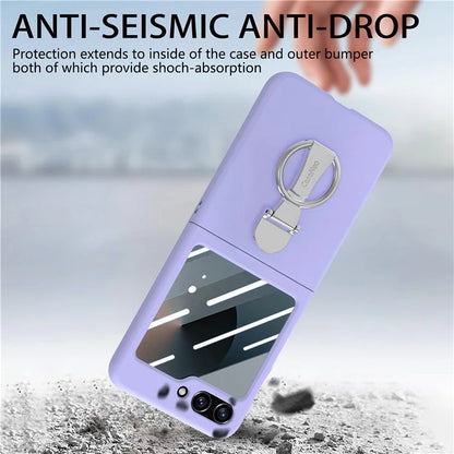 For Samsung Galaxy Z Flip6 5G Case Ring Kickstand PC Phone Cover with Tempered Glass Rear Screen Film