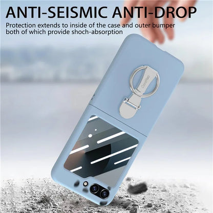 For Samsung Galaxy Z Flip6 5G Case Ring Kickstand PC Phone Cover with Tempered Glass Rear Screen Film