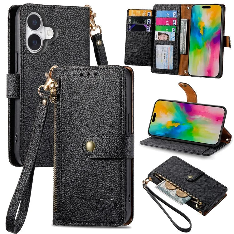For iPhone 16 Case RFID Blocking Zipper Pocket Leather Wallet Phone Cover