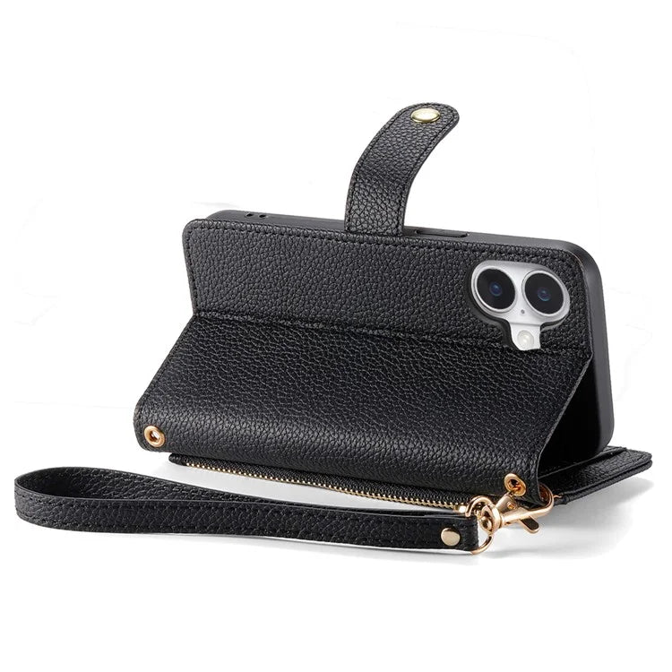For iPhone 16 Case RFID Blocking Zipper Pocket Leather Wallet Phone Cover