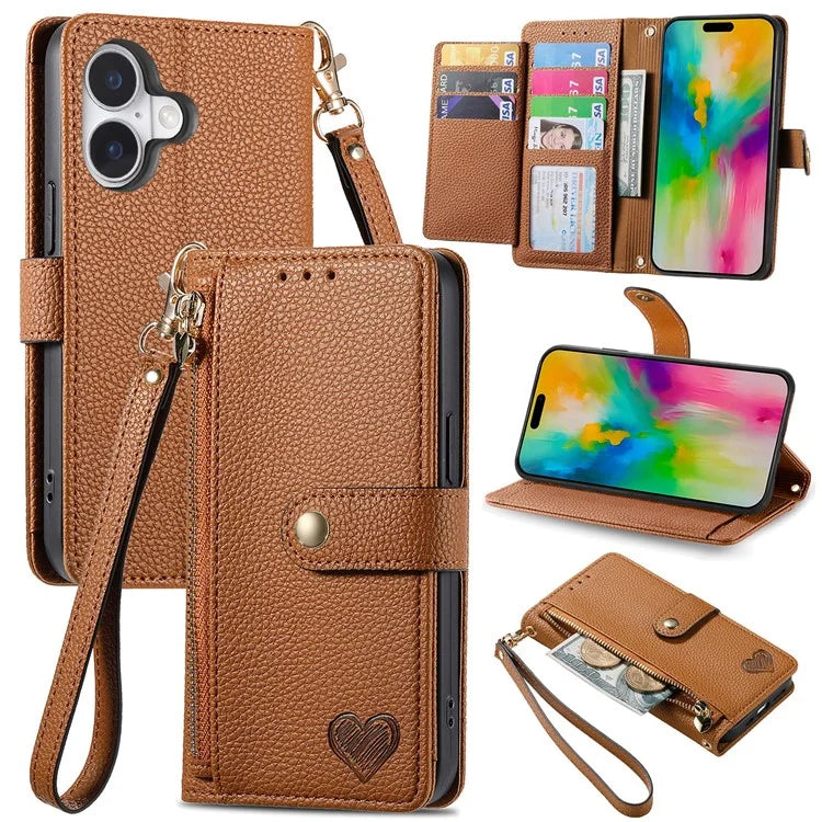 For iPhone 16 Case RFID Blocking Zipper Pocket Leather Wallet Phone Cover