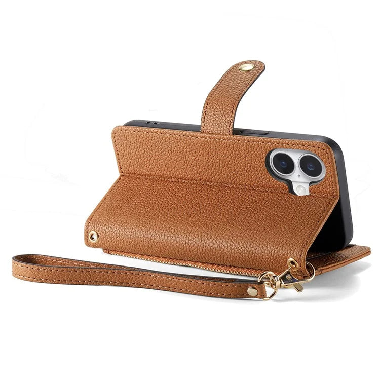 For iPhone 16 Case RFID Blocking Zipper Pocket Leather Wallet Phone Cover