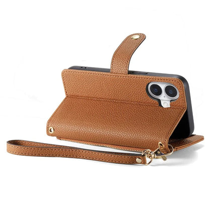 For iPhone 16 Case RFID Blocking Zipper Pocket Leather Wallet Phone Cover