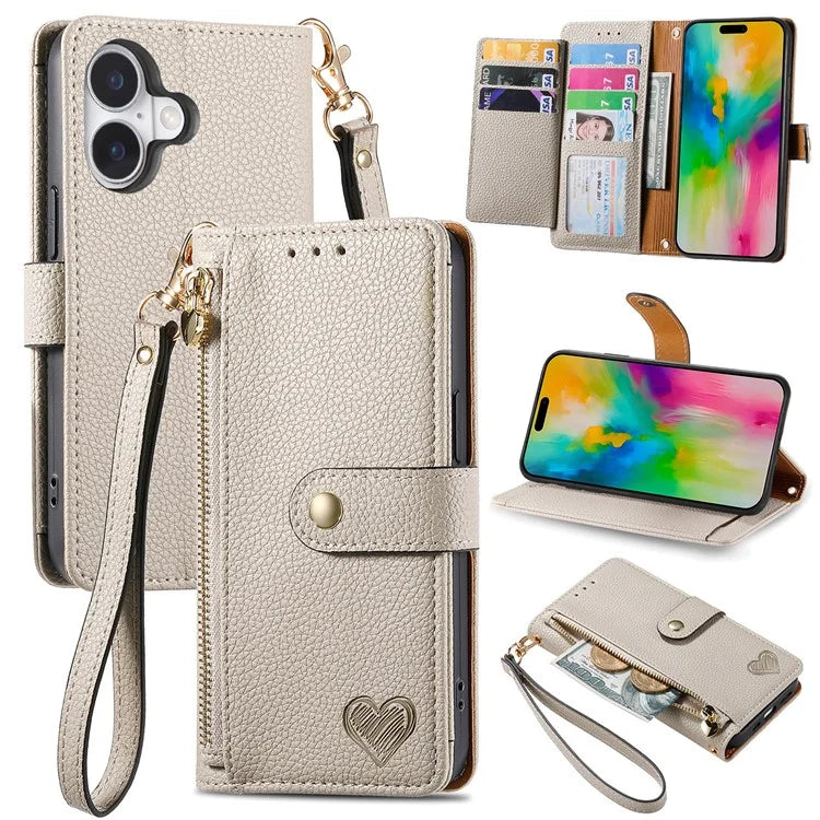 For iPhone 16 Case RFID Blocking Zipper Pocket Leather Wallet Phone Cover