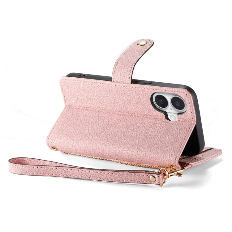 For iPhone 16 Case RFID Blocking Zipper Pocket Leather Wallet Phone Cover