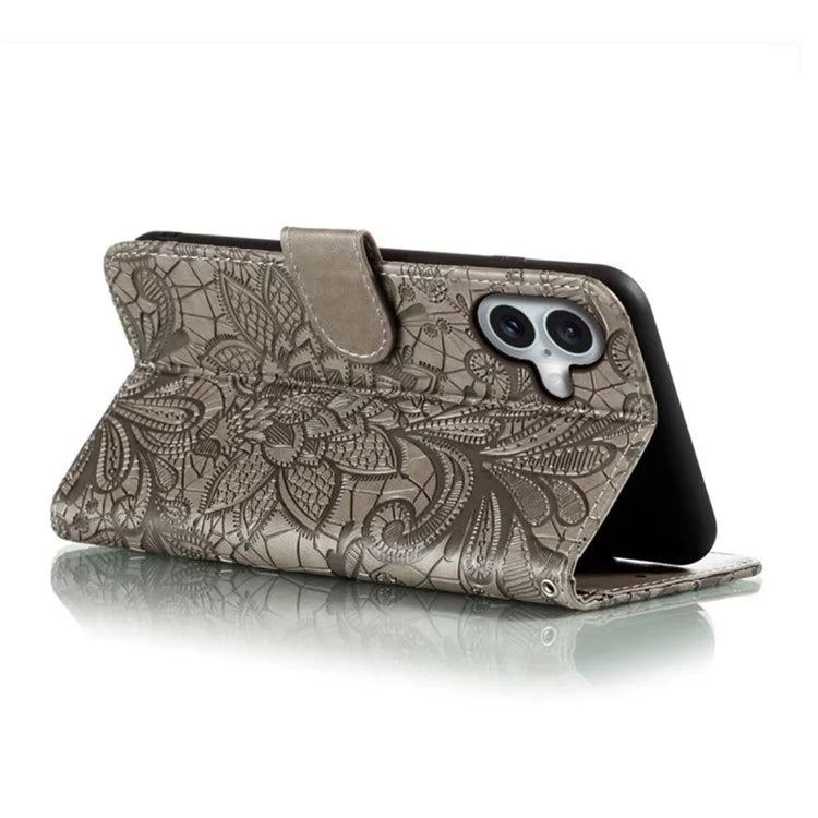 For iPhone 16 Case Lace Flowers PU Leather Flip Wallet Phone Cover