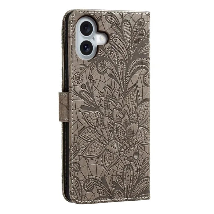 For iPhone 16 Case Lace Flowers PU Leather Flip Wallet Phone Cover