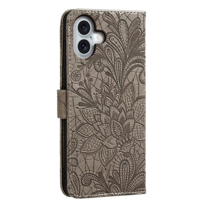 For iPhone 16 Case Lace Flowers PU Leather Flip Wallet Phone Cover