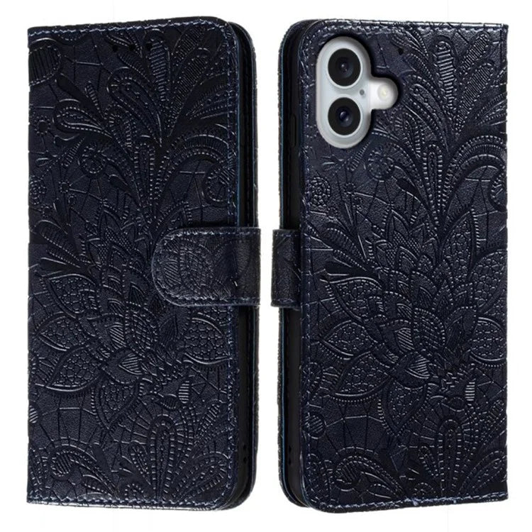 For iPhone 16 Case Lace Flowers PU Leather Flip Wallet Phone Cover