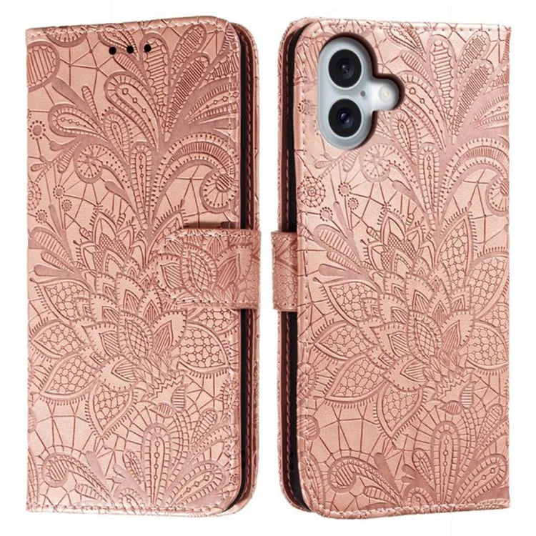 For iPhone 16 Case Lace Flowers PU Leather Flip Wallet Phone Cover