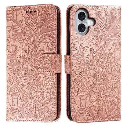 For iPhone 16 Case Lace Flowers PU Leather Flip Wallet Phone Cover