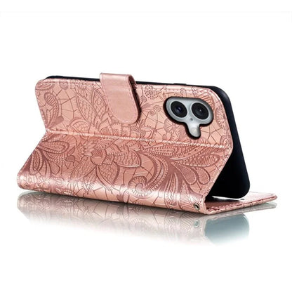 For iPhone 16 Case Lace Flowers PU Leather Flip Wallet Phone Cover
