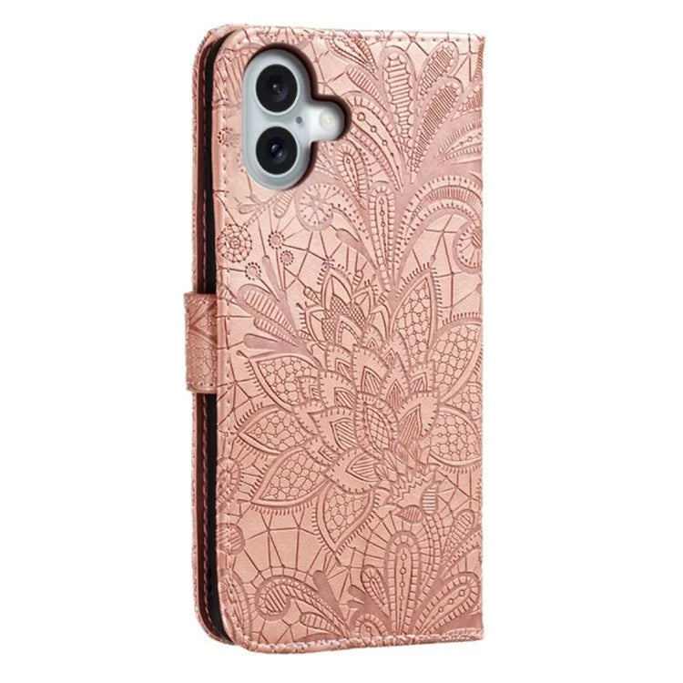 For iPhone 16 Case Lace Flowers PU Leather Flip Wallet Phone Cover