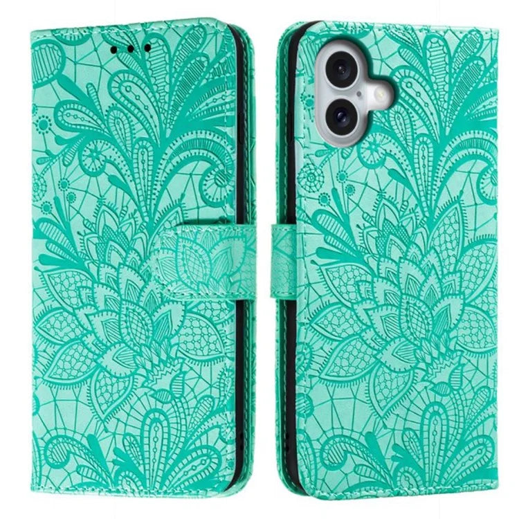 For iPhone 16 Case Lace Flowers PU Leather Flip Wallet Phone Cover