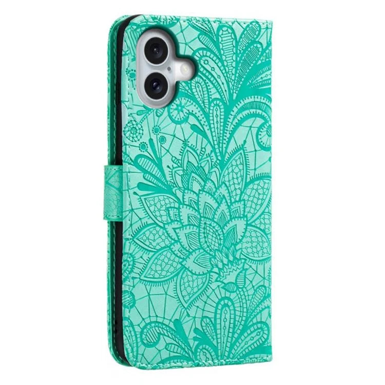 For iPhone 16 Case Lace Flowers PU Leather Flip Wallet Phone Cover