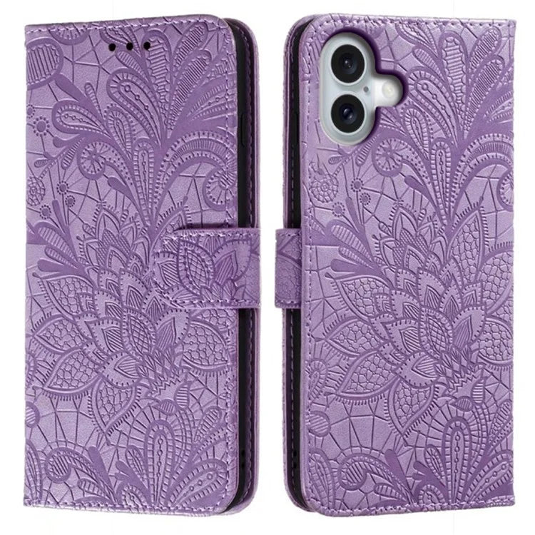 For iPhone 16 Case Lace Flowers PU Leather Flip Wallet Phone Cover