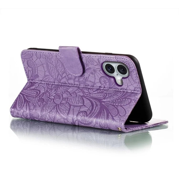 For iPhone 16 Case Lace Flowers PU Leather Flip Wallet Phone Cover