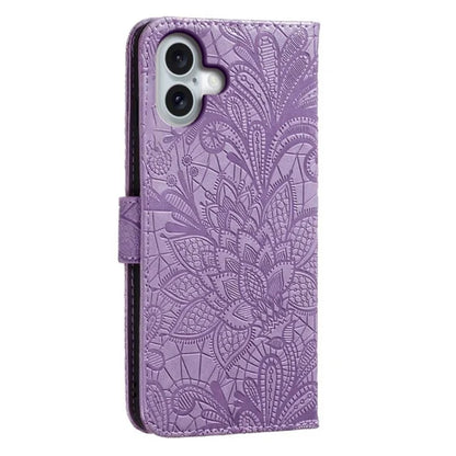 For iPhone 16 Case Lace Flowers PU Leather Flip Wallet Phone Cover