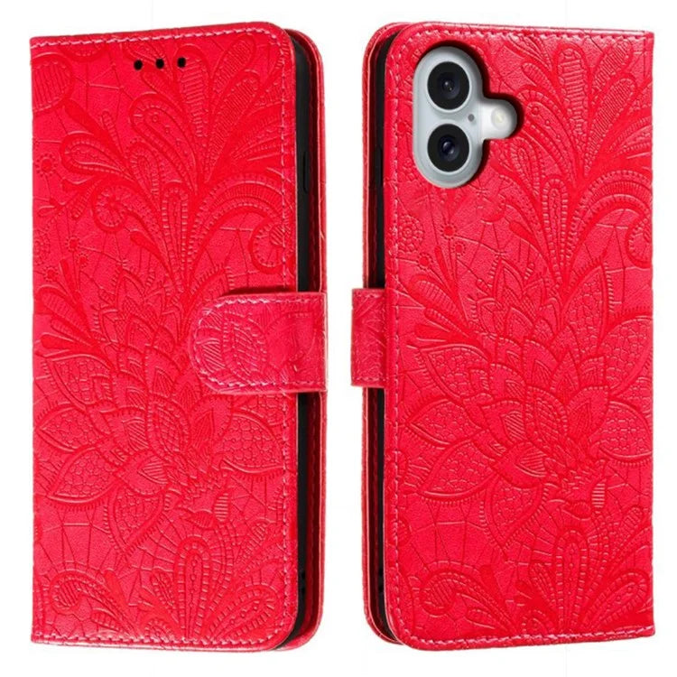 For iPhone 16 Case Lace Flowers PU Leather Flip Wallet Phone Cover