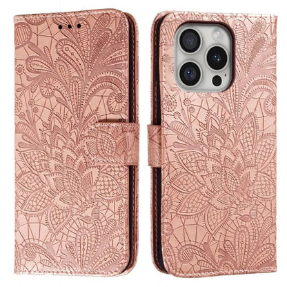 For iPhone 16 Pro Max Case Lace Flowers PU Leather Flip Wallet Phone Cover