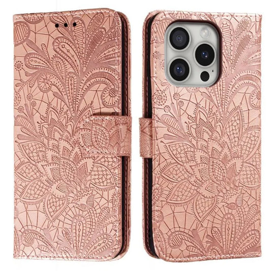 For iPhone 16 Pro Max Case Lace Flowers PU Leather Flip Wallet Phone Cover