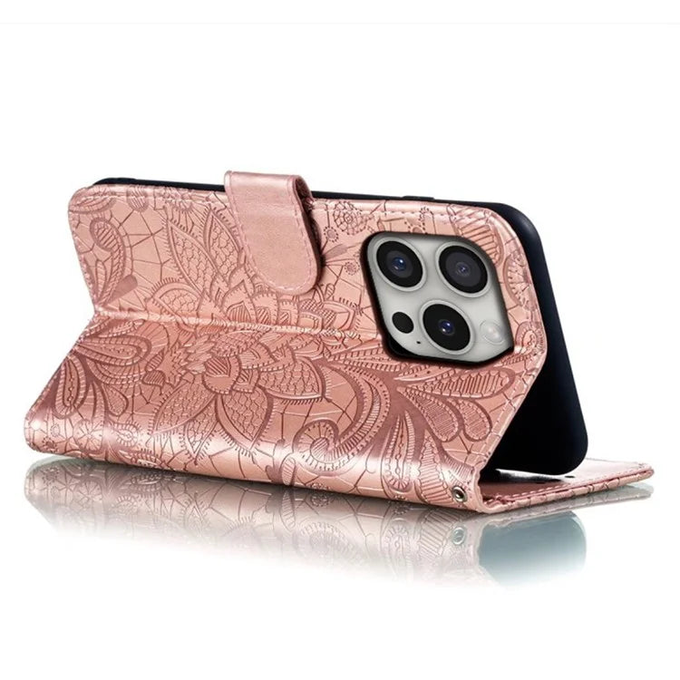 For iPhone 16 Pro Max Case Lace Flowers PU Leather Flip Wallet Phone Cover