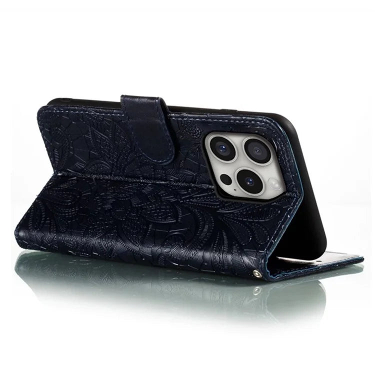 For iPhone 16 Pro Max Case Lace Flowers PU Leather Flip Wallet Phone Cover