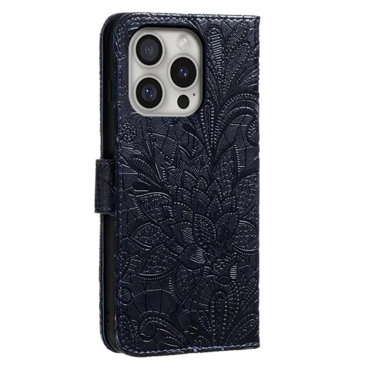 For iPhone 16 Pro Max Case Lace Flowers PU Leather Flip Wallet Phone Cover