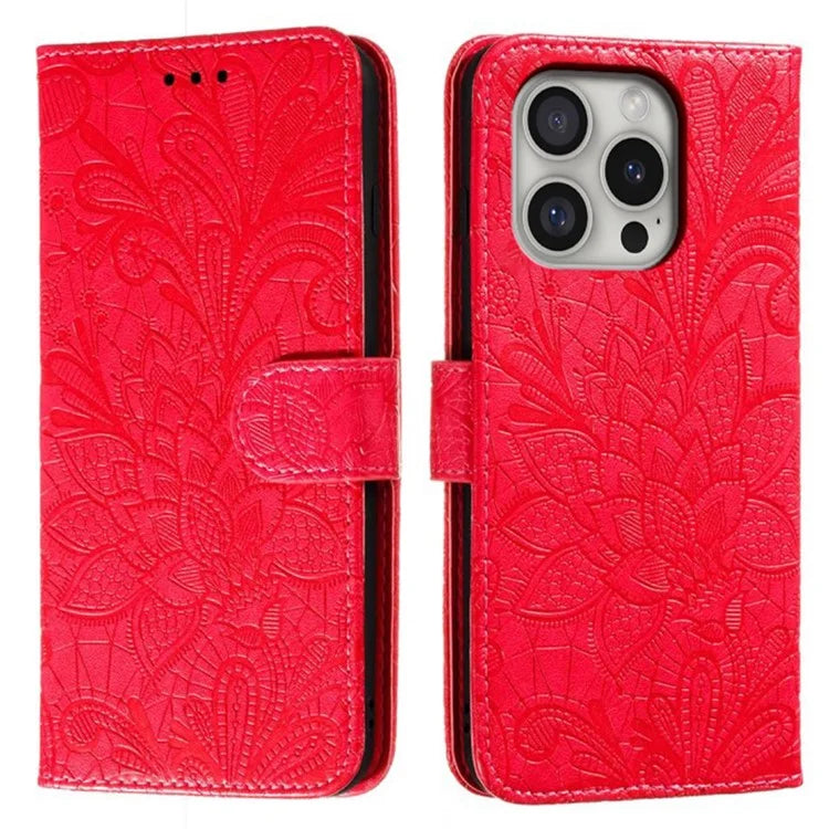 For iPhone 16 Pro Max Case Lace Flowers PU Leather Flip Wallet Phone Cover
