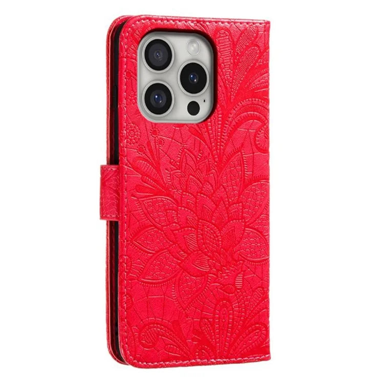 For iPhone 16 Pro Max Case Lace Flowers PU Leather Flip Wallet Phone Cover
