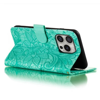 For iPhone 16 Pro Max Case Lace Flowers PU Leather Flip Wallet Phone Cover