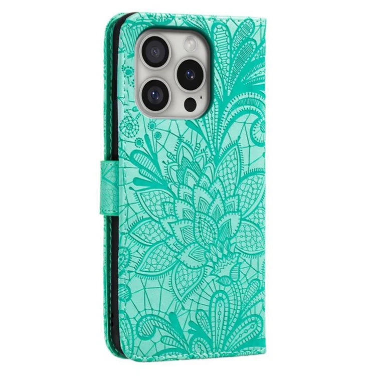 For iPhone 16 Pro Max Case Lace Flowers PU Leather Flip Wallet Phone Cover