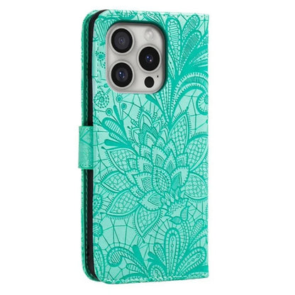 For iPhone 16 Pro Max Case Lace Flowers PU Leather Flip Wallet Phone Cover