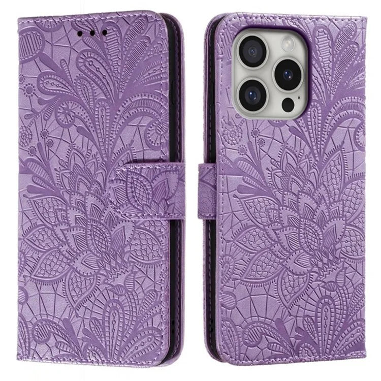 For iPhone 16 Pro Max Case Lace Flowers PU Leather Flip Wallet Phone Cover