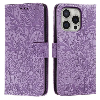 For iPhone 16 Pro Max Case Lace Flowers PU Leather Flip Wallet Phone Cover