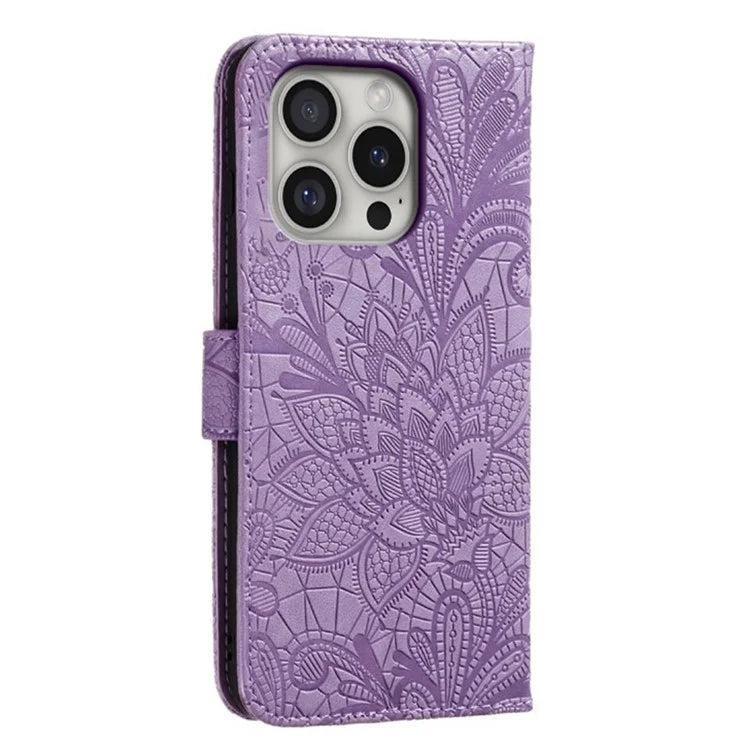 For iPhone 16 Pro Max Case Lace Flowers PU Leather Flip Wallet Phone Cover