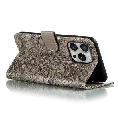 For iPhone 16 Pro Max Case Lace Flowers PU Leather Flip Wallet Phone Cover
