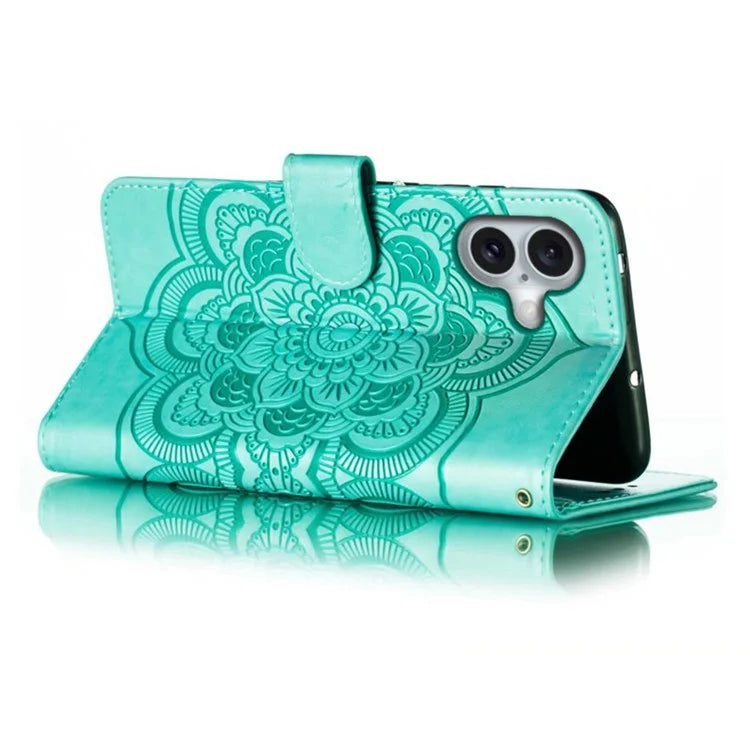 For iPhone 16 Case PU Leather Mandala Imprinted Design Wallet Phone Cover