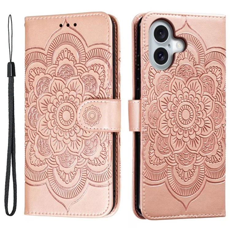 For iPhone 16 Case PU Leather Mandala Imprinted Design Wallet Phone Cover