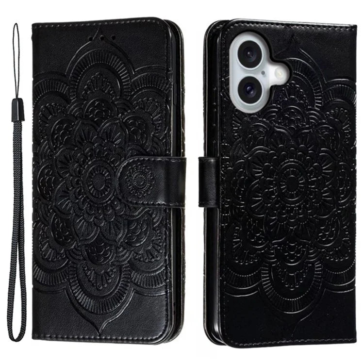 For iPhone 16 Case PU Leather Mandala Imprinted Design Wallet Phone Cover