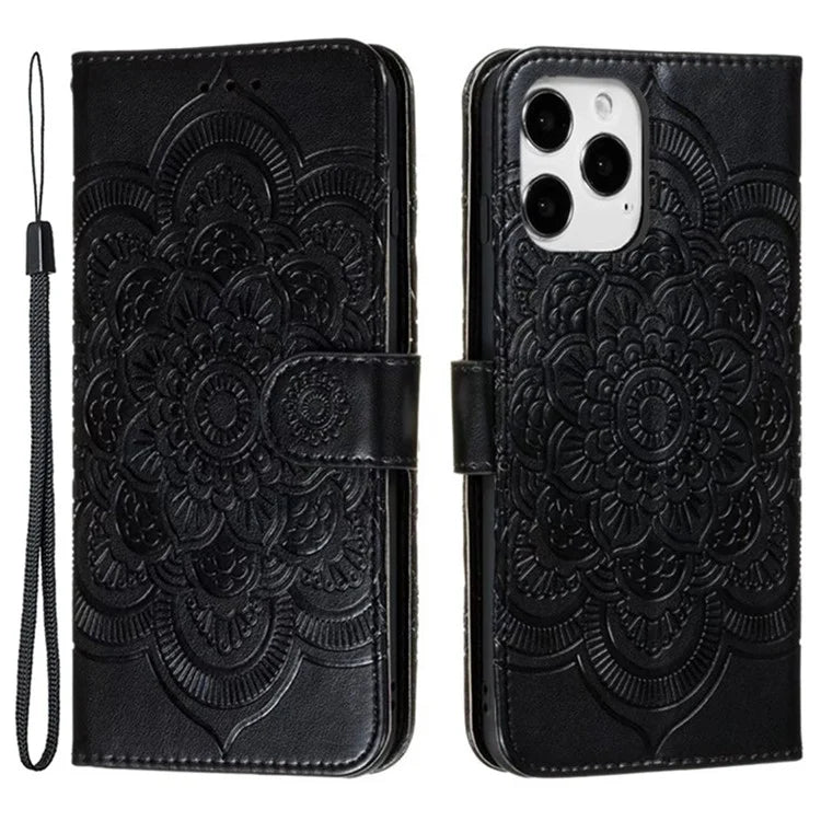 For iPhone 16 Pro Case PU Leather Mandala Imprinted Design Wallet Phone Cover