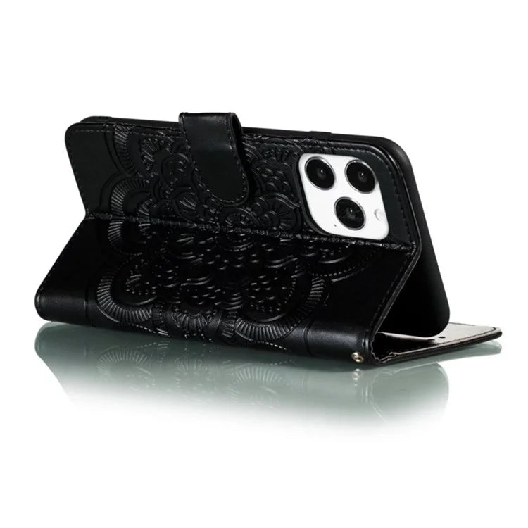 For iPhone 16 Pro Case PU Leather Mandala Imprinted Design Wallet Phone Cover