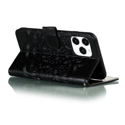 For iPhone 16 Pro Case PU Leather Mandala Imprinted Design Wallet Phone Cover