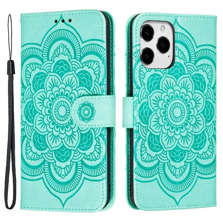 For iPhone 16 Pro Case PU Leather Mandala Imprinted Design Wallet Phone Cover