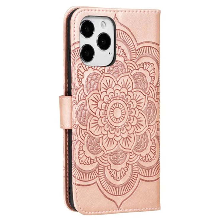 For iPhone 16 Pro Case PU Leather Mandala Imprinted Design Wallet Phone Cover