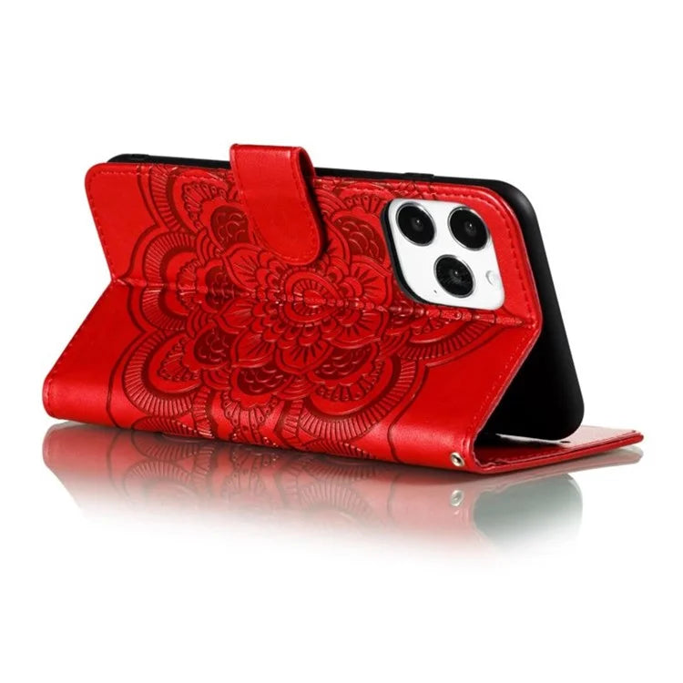 For iPhone 16 Pro Case PU Leather Mandala Imprinted Design Wallet Phone Cover