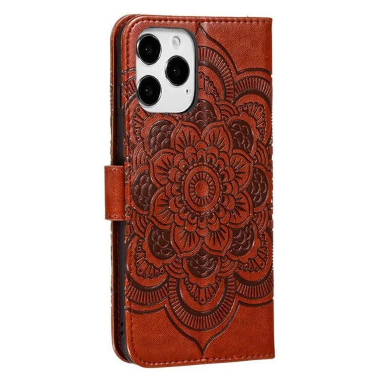 For iPhone 16 Pro Case PU Leather Mandala Imprinted Design Wallet Phone Cover