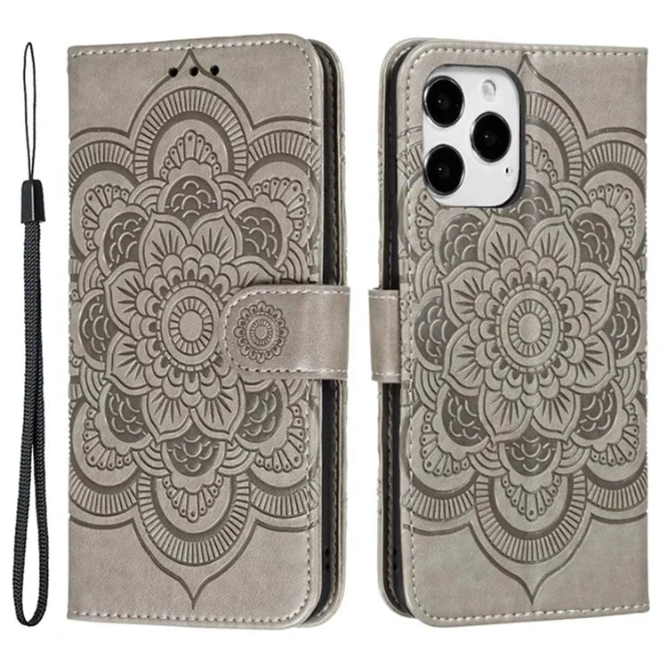 For iPhone 16 Pro Case PU Leather Mandala Imprinted Design Wallet Phone Cover