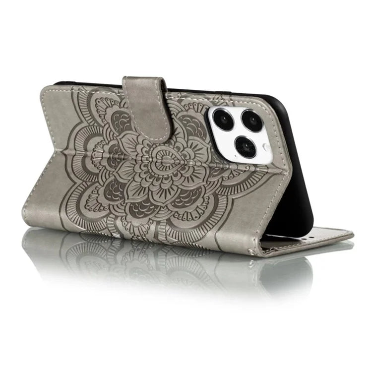 For iPhone 16 Pro Case PU Leather Mandala Imprinted Design Wallet Phone Cover