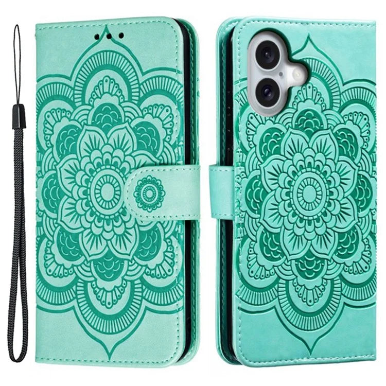 For iPhone 16 Plus Case PU Leather Mandala Imprinted Design Wallet Phone Cover